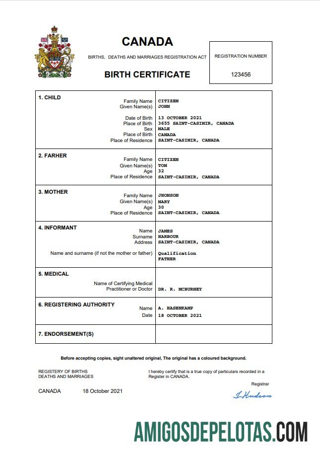 Em branco modelo Word e PDF de certidão de nascimento no Canadá